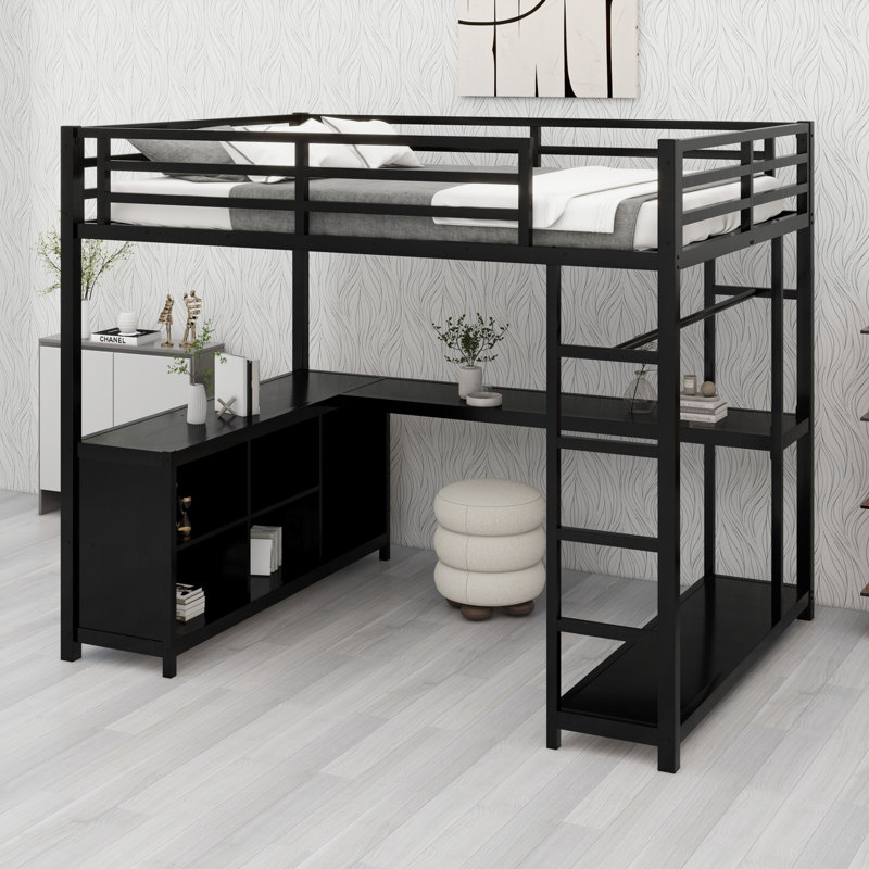 Lit mezzanine en métal avec cubes de rangement et tablettes, garde-robe et bureau en L