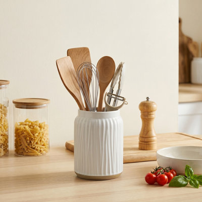 White Ceramic Crock Kitchen Utensil Holder