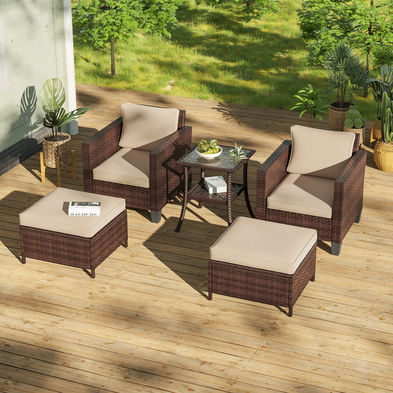 Ensemble de meubles en rotin PE 5 pièces avec table d'appoint, chaise de patio avec coussin lavable Henrica, Brun, Sable