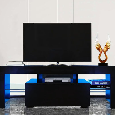 Console à DEL à DEL pour téléviseur de 55 po, blanc, avec porte rabattable, tablette en verre et grand rangement, chambre à coucher et salon modernes, support blanc, convient à un espace de rangement, une tablette, une façade ultrabrillante