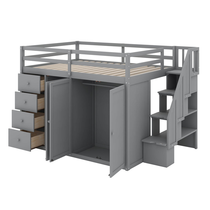 Lit mezzanine en bois pleine grandeur avec placards, armoires et tiroirs, Gris