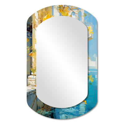 Arbre jaune, paysage grec, mer turquoise, miroir mural décoratif cylindrique, miroir asymétrique moderne, impression sur métal