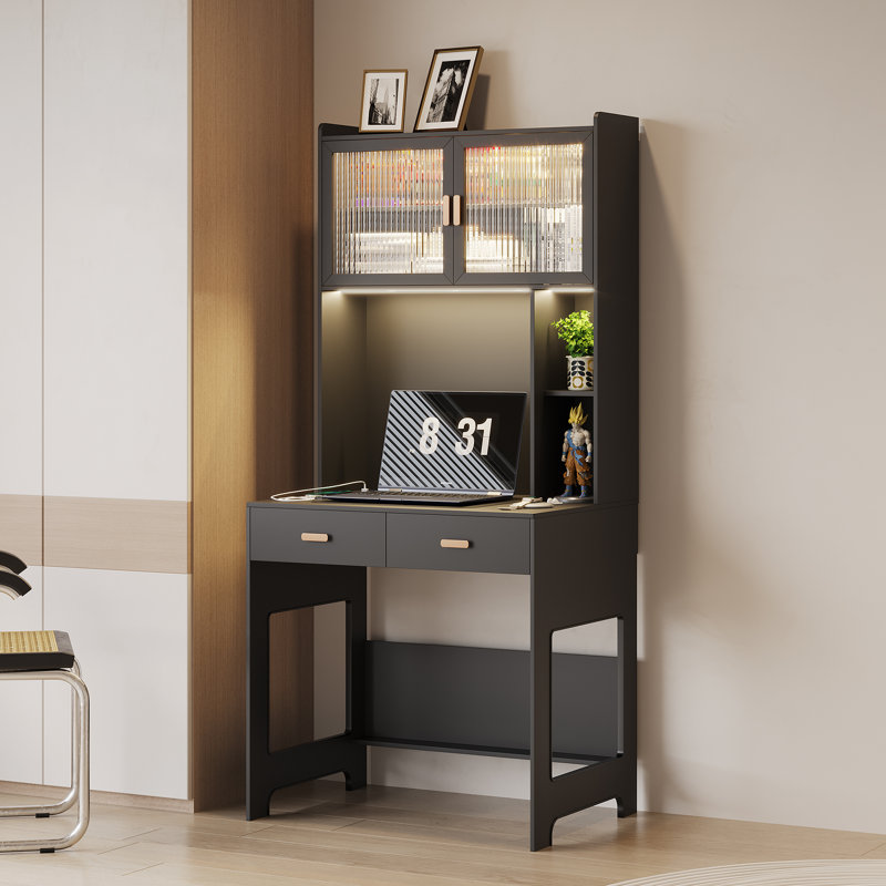 Berwaldt 31.5'' W Rectangle Computer Desk with Hutch and Cabinet, Black