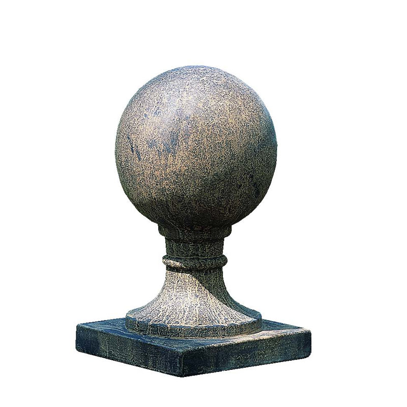 Small Sphere Square Base Finial Statue, Aged Limestone