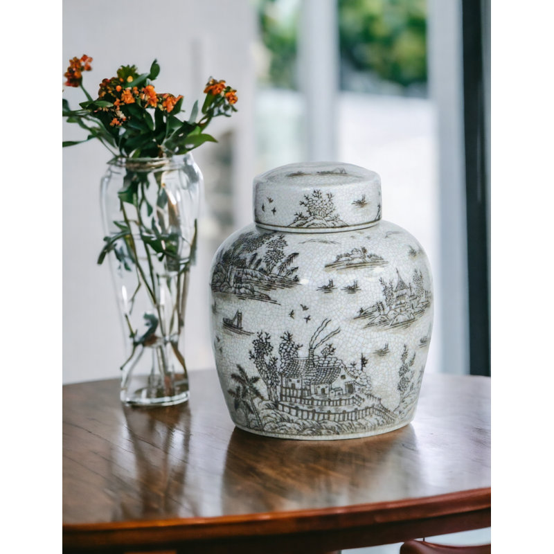 Porcelain Ginger Jar with Chinoiserie Design, Brown, 9"
