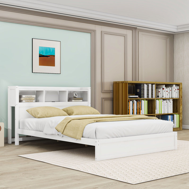 Lit plateforme à 2 tiroirs en bois avec tête de lit, armoire de rangement coulissante, éclairage à DEL et tablettes, Blanc