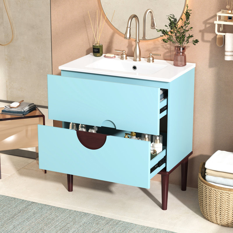 Ensemble de meuble-lavabo 30 po avec lavabo en céramique et 2 tiroirs en bois massif bleu moderne