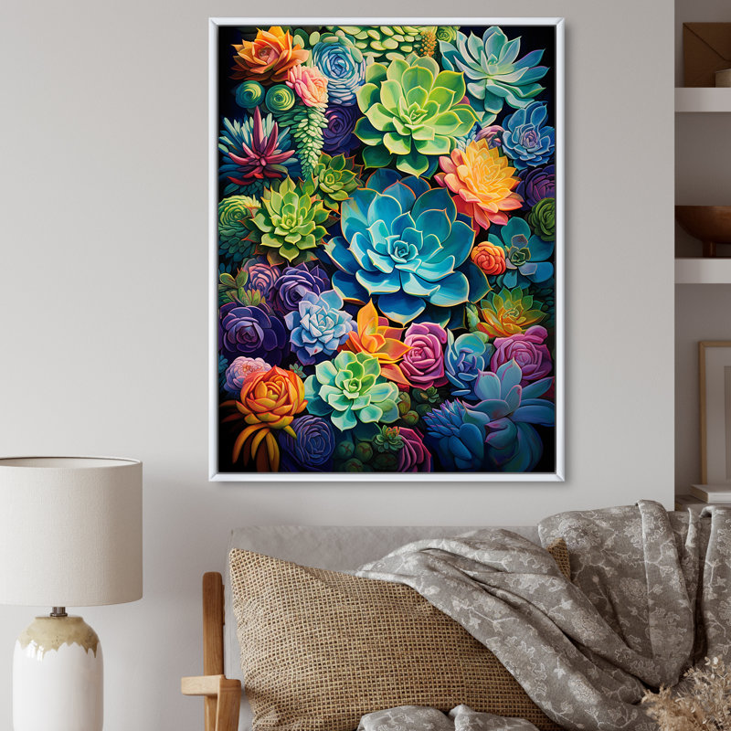 «Eugie Green Blue Succulents Succulent Paradise II», reproduction sur toile, H 32 po x l 16 po x P 1 po, Cadre flottant blanc
