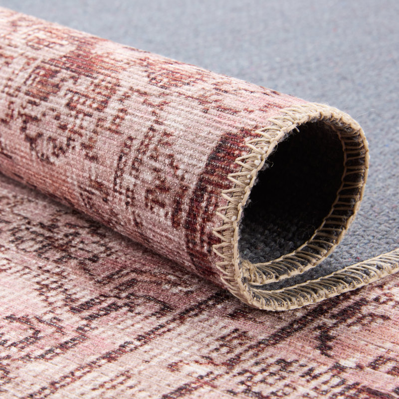 Tapis oriental rose / marron lavable à la machine, Rectangle 9 pi x 12 pi