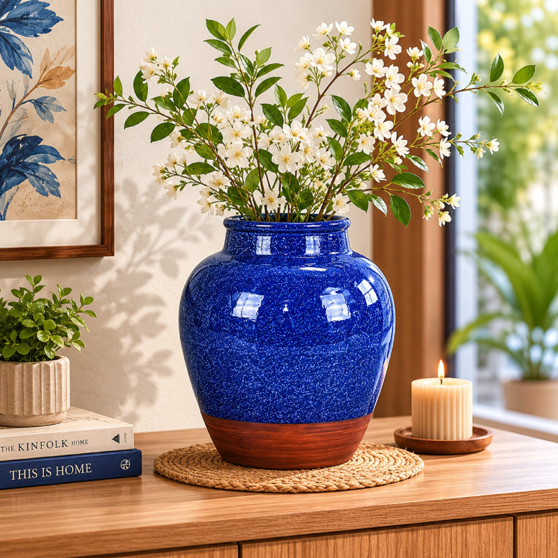 Vase gingembre, dessus moucheté et émaillé, céramique bleue et brune de 10 po