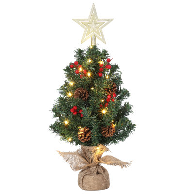 Arbre de Noël illuminé pour table avec étoile, baies rouges et pommes de pin - Mini arbre pré-éclairé pour une décoration festive