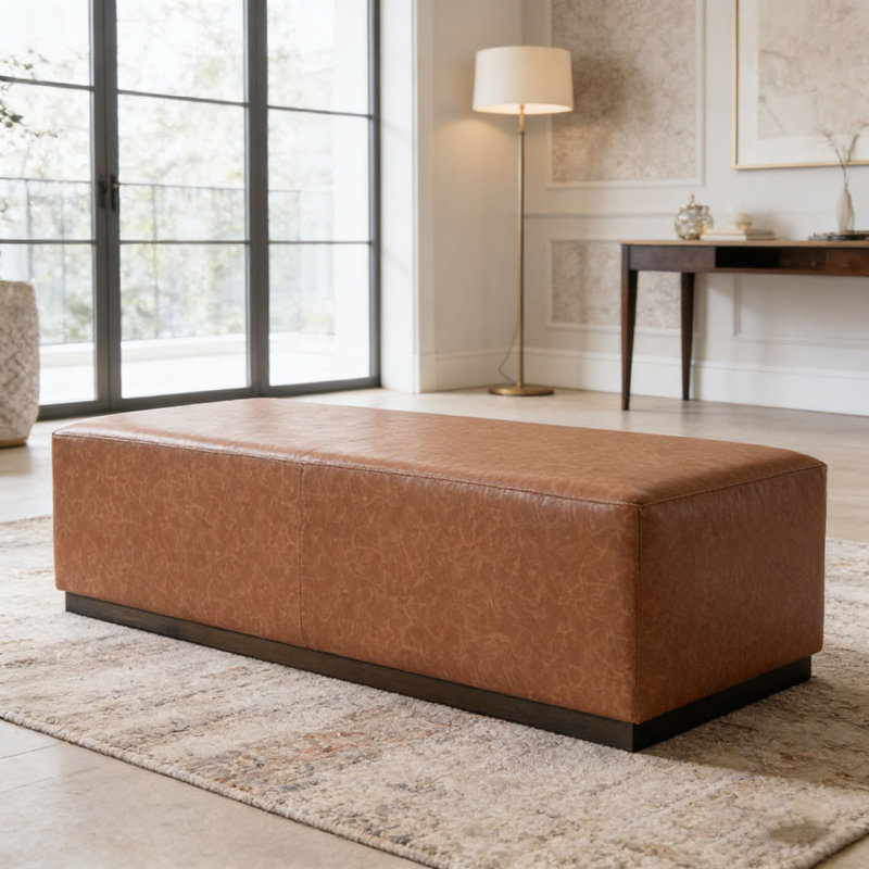 Brown PU Leather Rubber Solid Wood Leg Ottoman