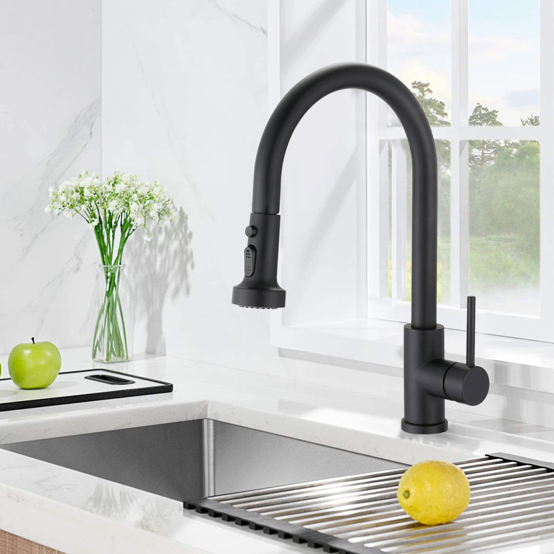 Robinet rétractable en acier inoxydable noir mat - finition rouille et égratignure, bec pivotant à 360 °, débit d'eau contrôlé par bouton, acier de cuisine facile à installer, égratignures et rouille, bouton de pause pour l'écoulement