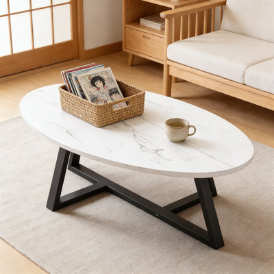 Modern Oval Coffee Table With White Faux Marble Top And Black Metal Legs, Space-Saving Center Table For Living Room, Apartment, Or Office