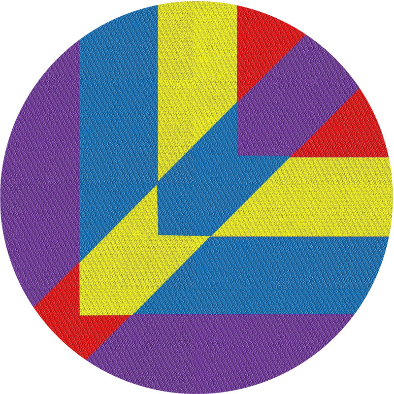 Tapis rouge/violet/jaune à motif, Rond 8 pi
