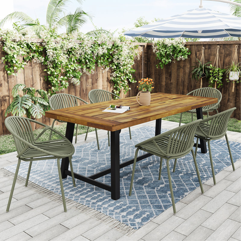 Ensemble de salle à manger d'extérieur moderne 7 pièces avec chaise empilable, Vert / teck