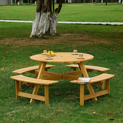 8-Person Outdoor Round Picnic Table Set With 4 Built-In Benches & Umbrella Hole - Perfect For Garden, Backyard, Porch & Patio - Natural Wood