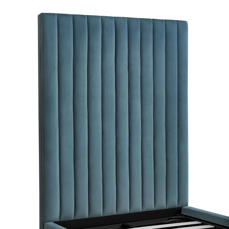 Lit plateforme simple Wooden, Velours bleu mer