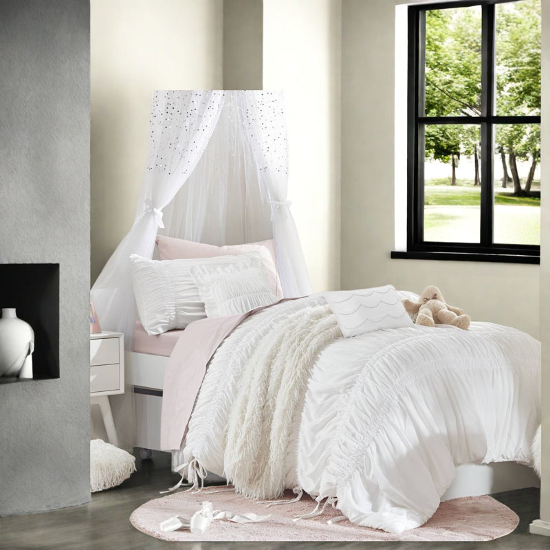Ensemble de literie blanc français, ensemble de 4 pièces en microfibre simple / simple XL froncé