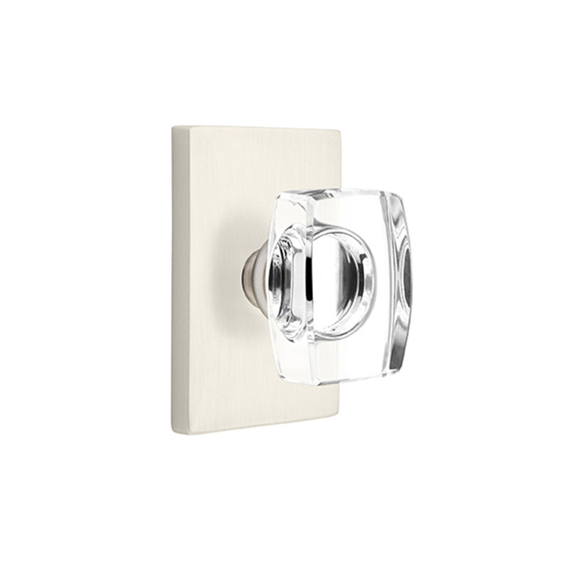 Ensemble de boutons de passage Emtek avec rosette rectangulaire moderne et bouton en verre Windsor, Nickel satiné