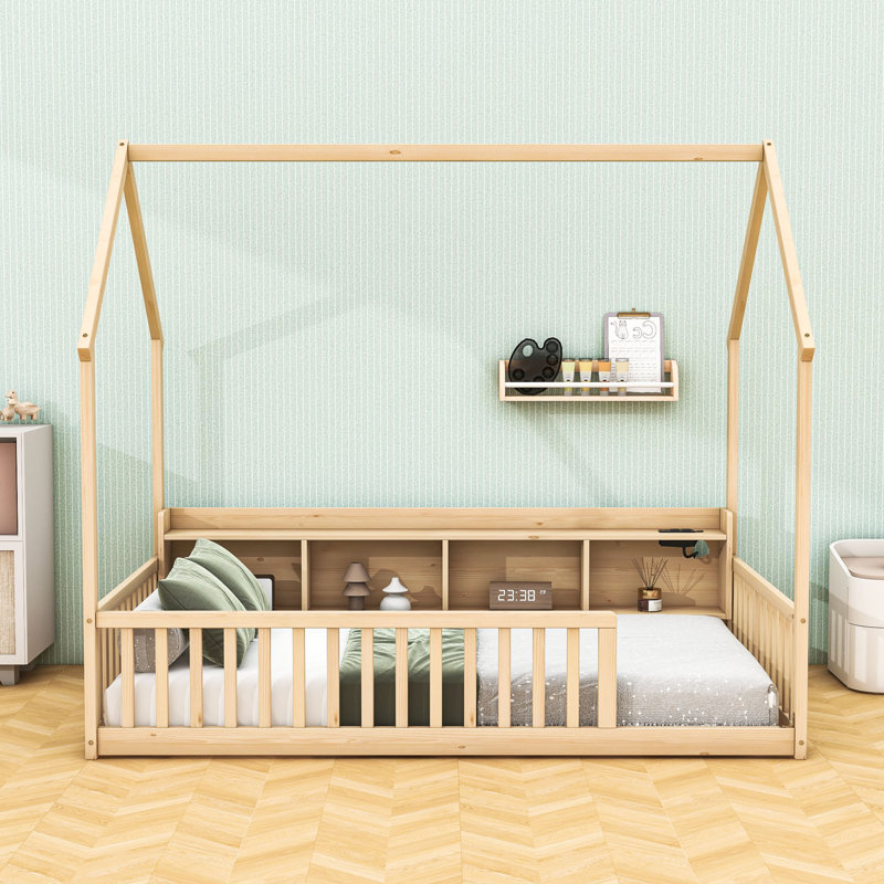 Lit en bois avec tablettes, éclairage DEL, USB et station de charge de type C, Twin, Natural