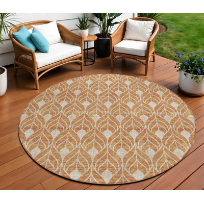 Tapis extérieur rond lavable géométrique 8 pi cuivre et beige