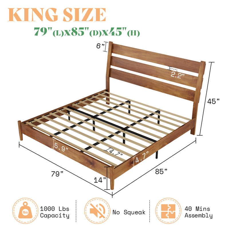 King Size Light Brown Pine Wood Bed Frame with Slatted Headboard