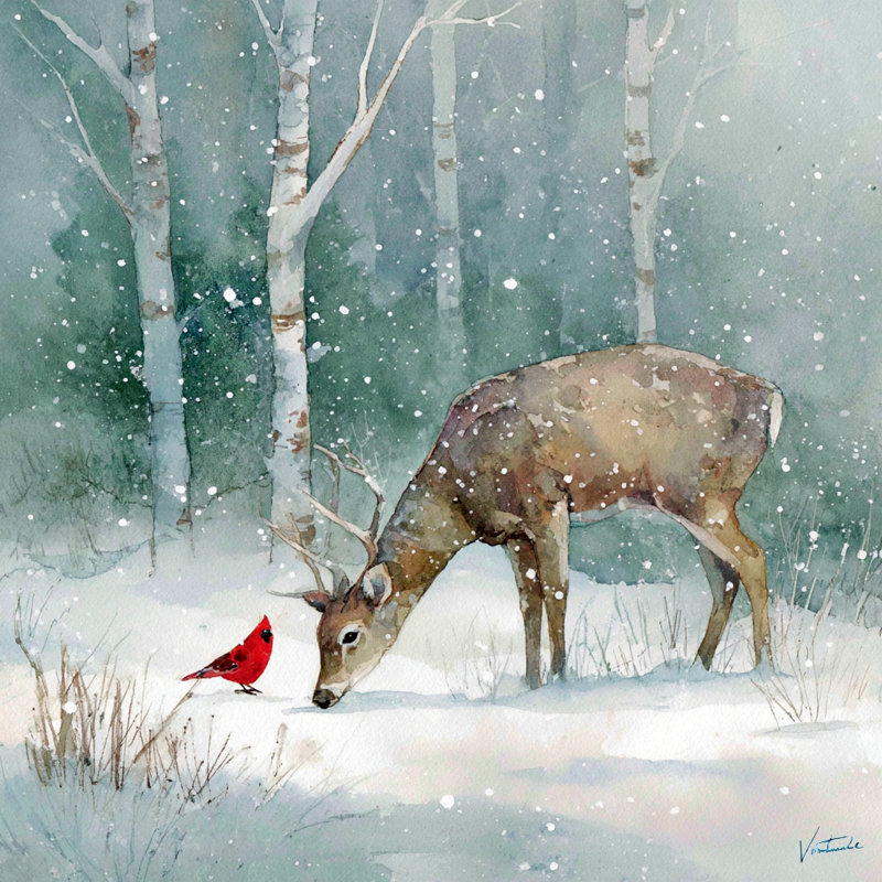 Art mural sur toile Birch Grove Buck and Cardinal, H 20 po x l 20 po
