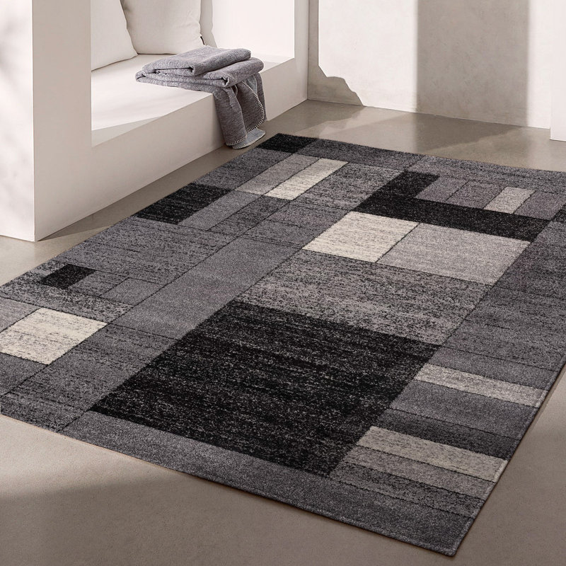 Tapis intérieur / extérieur gris / noir à motif géométrique de 8 pi x 11 pi (7 pi 9 po x 10 pi 6 po) Branch Branch Sama