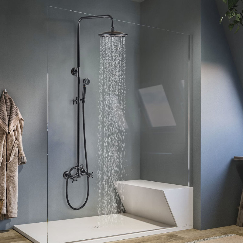 Shower System Bathroom Shower Faucet Set with 8 Inch Rainfall Shower Head Handheld Spray 2 Cross Handles Wall Mounted Outdoor Shower Fixtures Solid Brass Oil Rubber Bronze