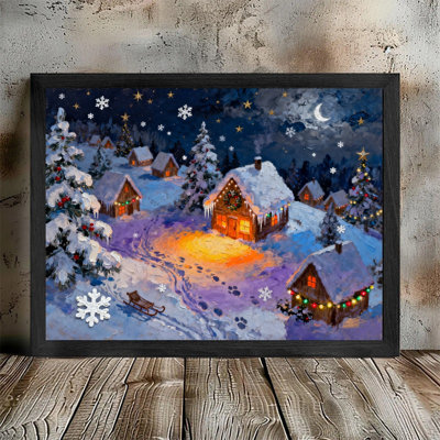 Impression sur toile encadrée noire, village de Noël impressionniste, nuit d'hiver enneigée