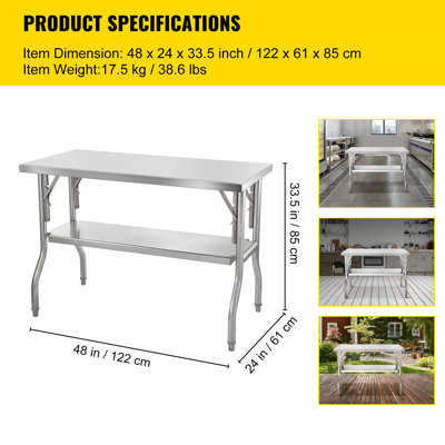 Folding Commercial Prep Table, 48 x 24 Inch Commercial Worktable Workstation with Undershelf, Heavy-duty Stainless Steel Folding Table with 300 lbs Load, Designed for Home Kitchen Restaurant Garage