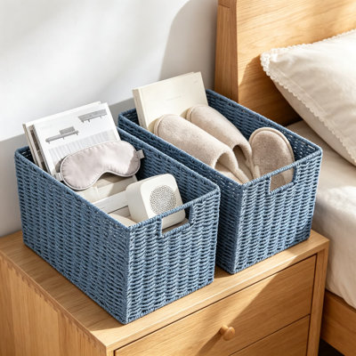 Ensemble de 2 paniers de rangement en osier de corde de papier tissé à la main, bacs de rangement pliables pour tablettes, papier hygiénique et rangement pour salle de bain