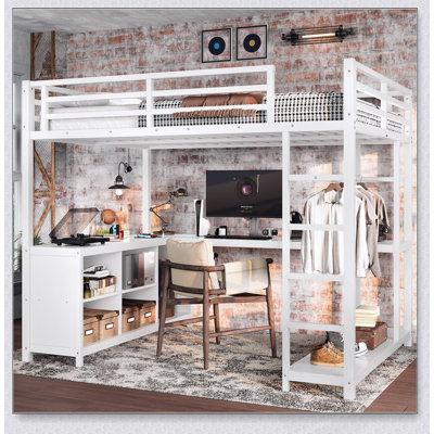 Lit mezzanine en métal avec garde-robe, bureau en forme de L et cubes de rangement pour des espaces de vie et d'étude polyvalents