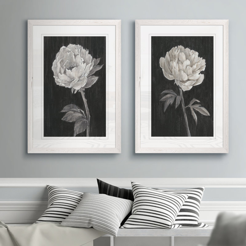 «Black and White Flowers I», ensemble de 2 reproductions d'art encadrées, H 20 po x l 16 po x P 1,25 po, Cadre blanc, Blanc