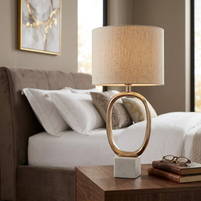 Lifesky Modern Table Lamp With Oval Cut Out Metal Frame: Contemporary Desk Lighting For Design Studios - Gold Metal & Stone Base Fabric Shade Ambient Light For Creative Workspaces & Home Offices