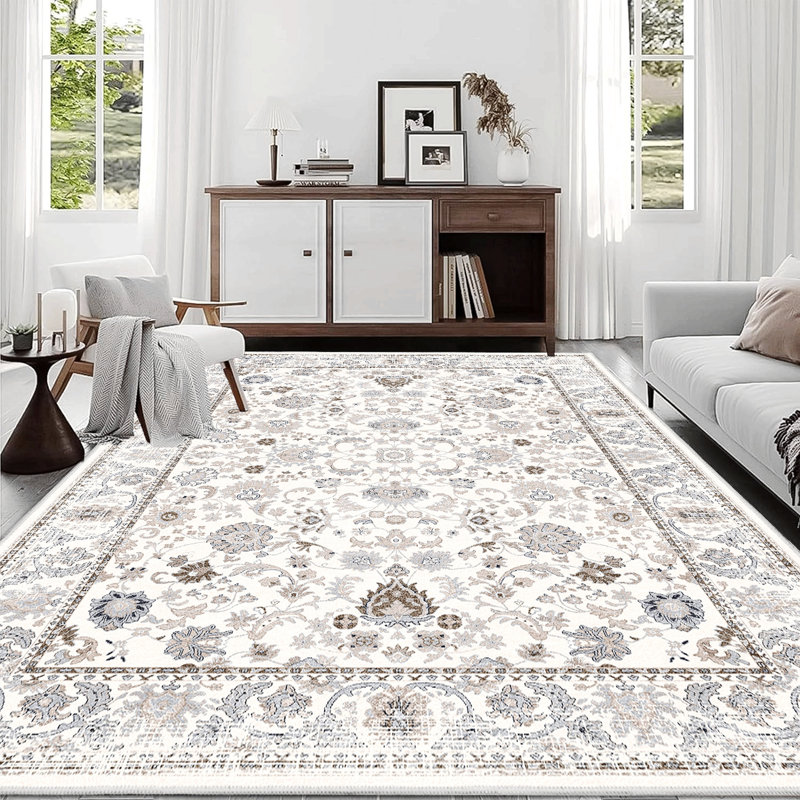 Area Rug,  Vintage Bohemia Non-Slip Washable Rug For Living Room Kitchen Bedroom Living Room Flower Design Light Khaki/Beige