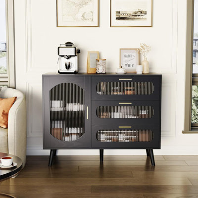 Black Buffet Cabinet with Fluted Glass Door & Drawers, Sideboard Storage for Kitchen, Dining Room, Living Room