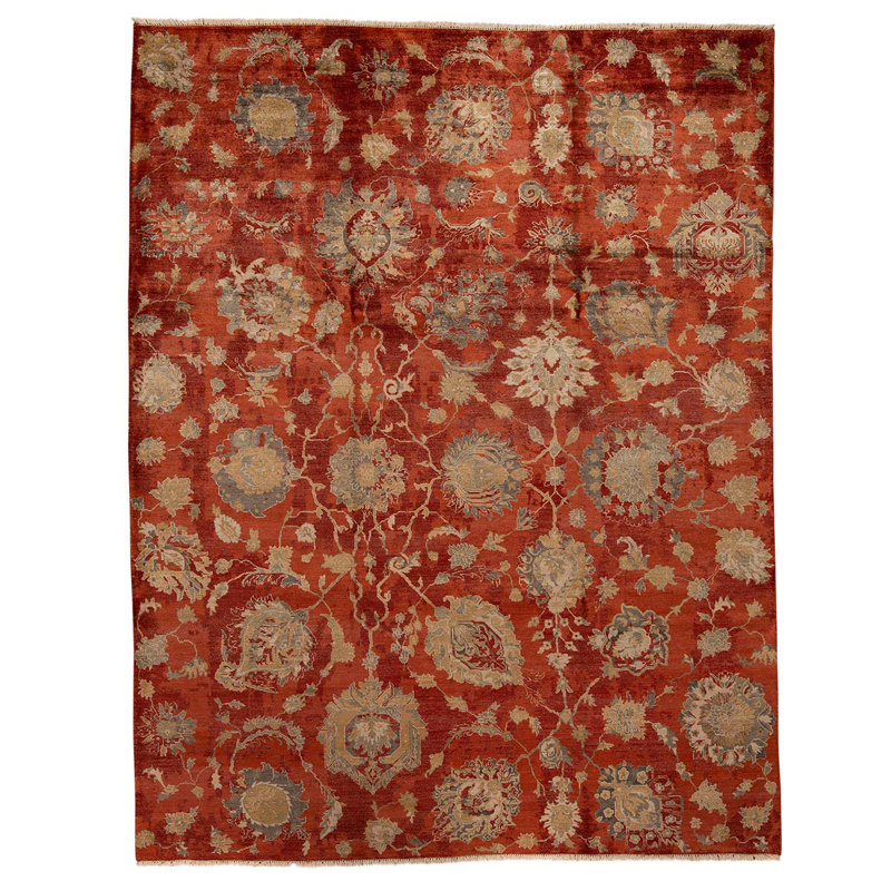 Tapis floral rouge / beige noué à la main Floral