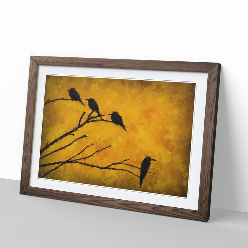 Birds on a Tree Branch - Picture Frame Painting, Walnut Framed, 27cm H x 36cm W x 2cm D