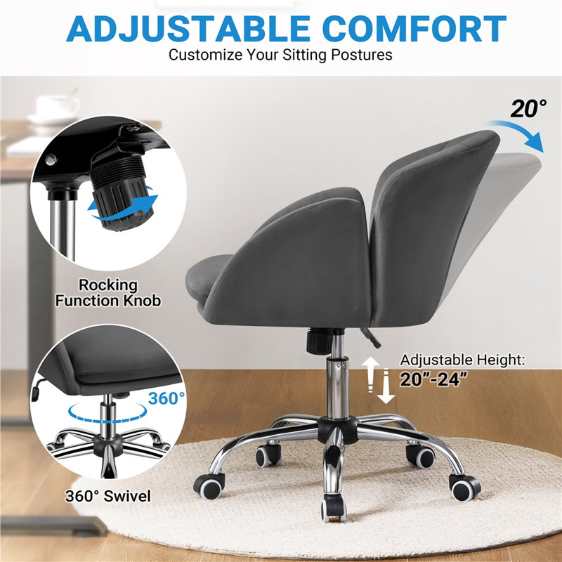 Chaise de bureau pivotante moderne Corson pour bureau à domicile avec accoudoirs, Velours gris foncé