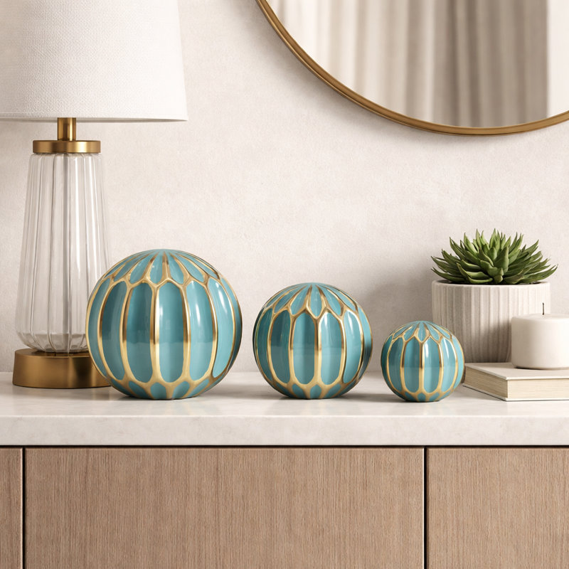 Boules décoratives en céramique ajourée pour la décoration intérieure - Sphères décoratives modernes à poser sur une console ou dans un salon - Lot de 3, 15 cm, 12,5 cm, 10 cm
