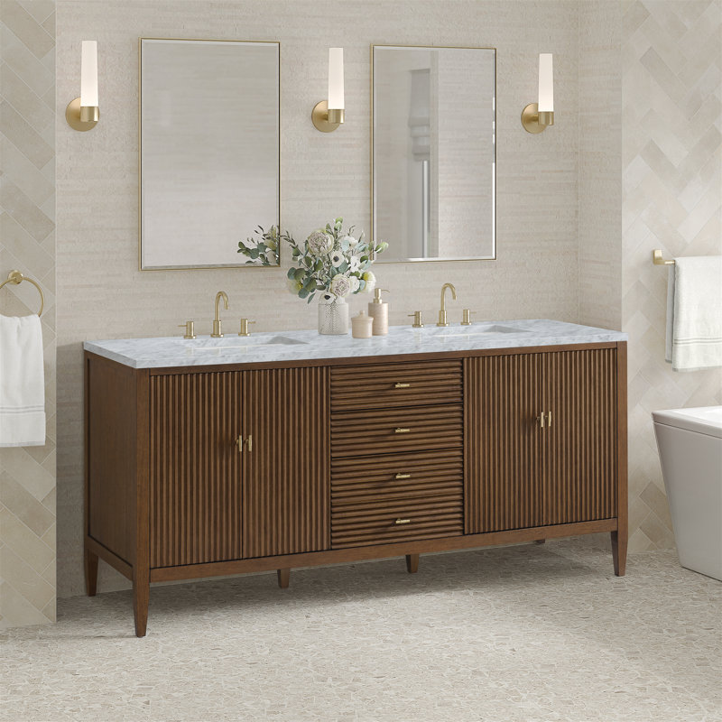 Myrrin 72'' W Double Vanity, Mid-Century Walnut, Carrara White, 8" Widespread