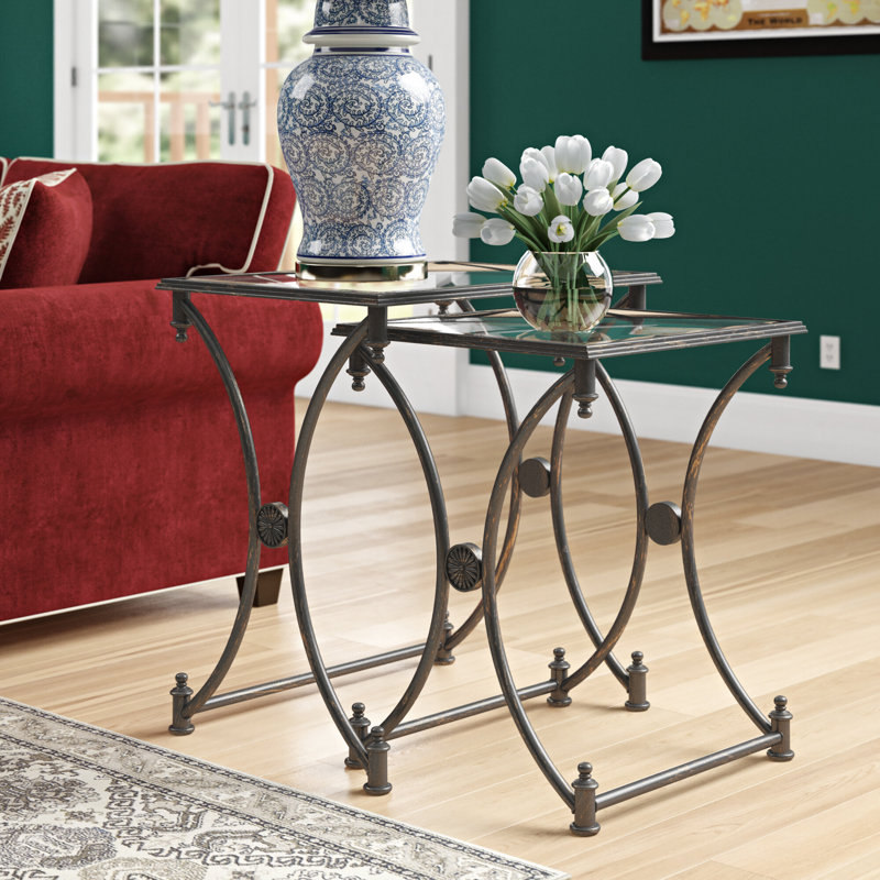 Gwynda Glass Cross Legs Nesting Tables Metalworks 2 Piece, Antique Bronze