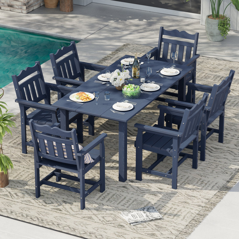 7 Piece HIPS Weather-Resistant Patio Dining Set with Umbrella Hole, Heavy Duty Dining Table Set for 6, Easy Assembly Patio Table and Chairs for Patio, Yard, Poolside
