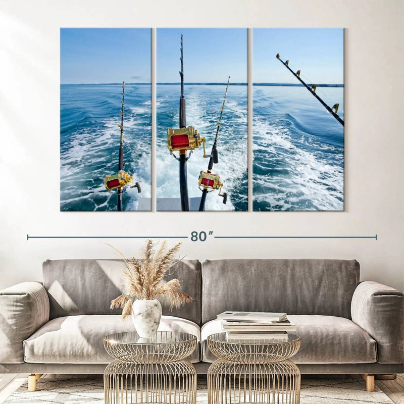 Ensemble de 3 pièces de pêche au gros sur toile, H 42 po x l 65 po x P 1,25 po