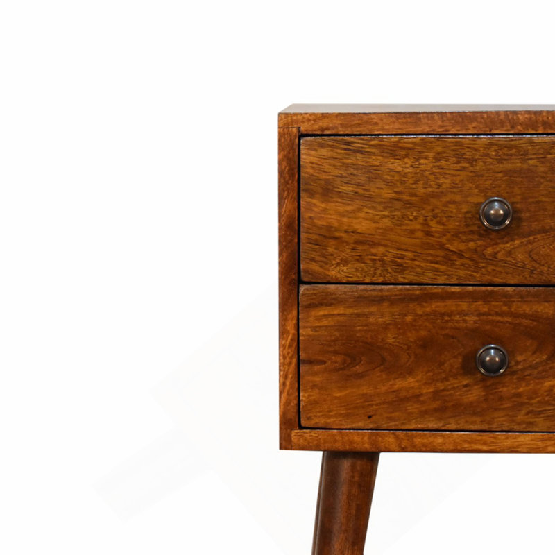 Solid Wood Mini Nightstand, 2-Drawers, Chestnut, Dark Brown