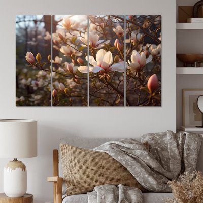 White Pink Magnolias Landscape IV Plants & Flowers Wall Decor on Metal