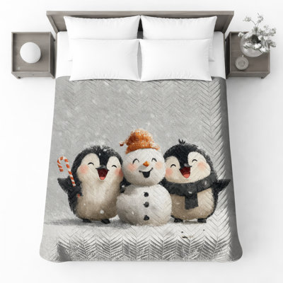 Penguins With Snowman Bedding Winter Bedspread Holiday