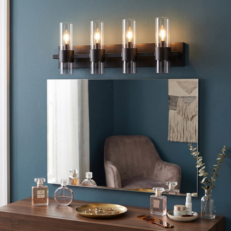 Dimmable Bathroom Vanity Light with Cylinder Glass Shades, 27.55" W, Matte Black, 4 Lights
